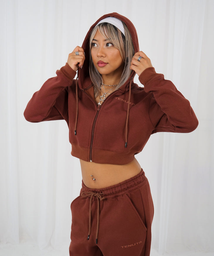 Brown Cropped French Terry Zip Hoodie – Women’s