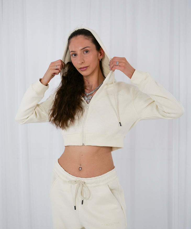 Cream Cropped French Terry Zip Hoodie – Women’s