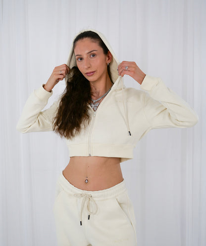 Cream Cropped French Terry Zip Hoodie – Women’s