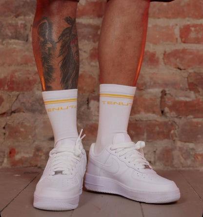 Tenuta socks white with orange logo and stripes